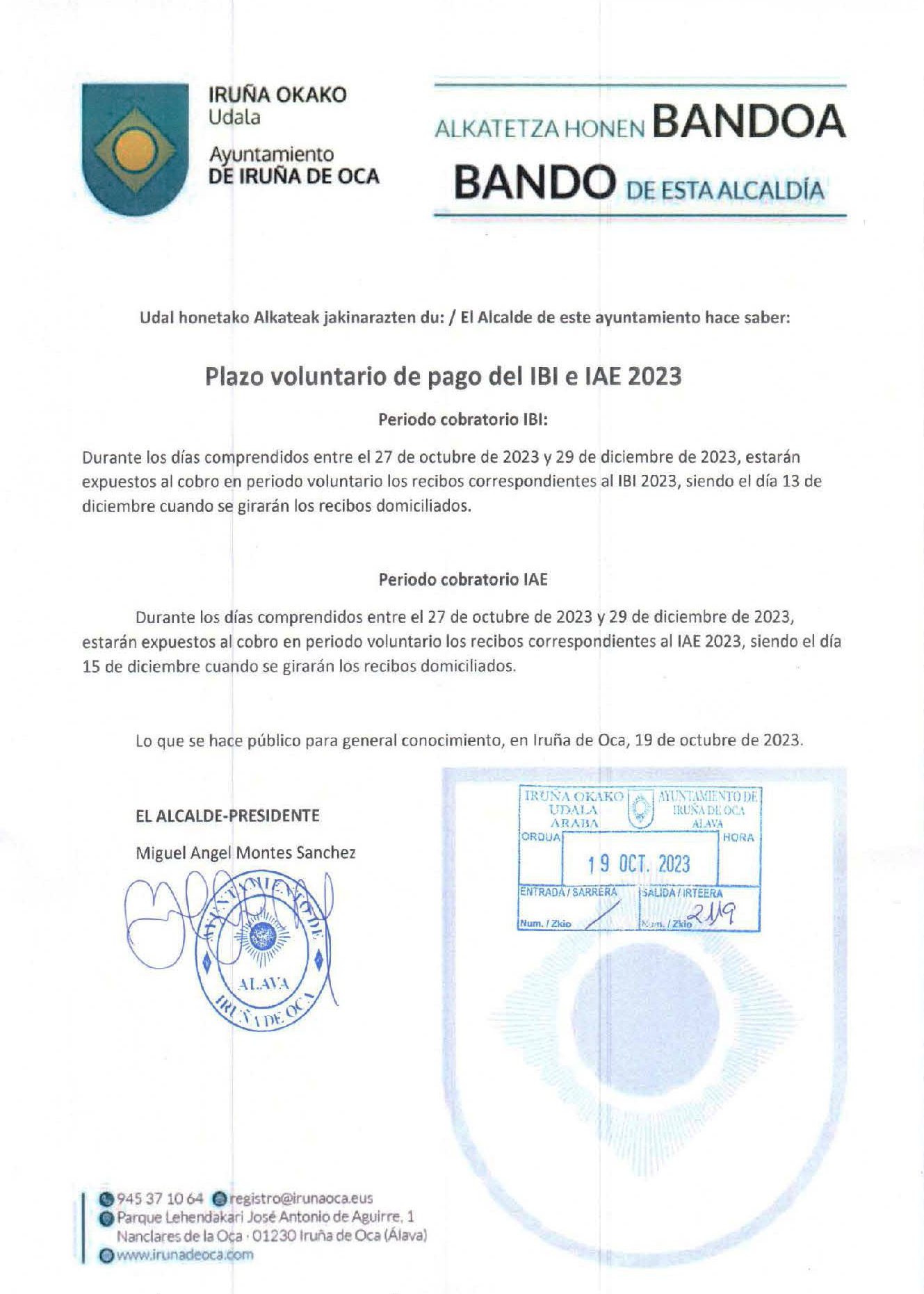 BANDO – Plazo voluntario de pago del IBI e IAE 2023