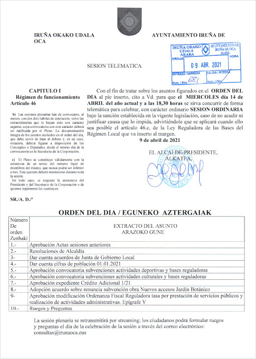 Pleno ordinario del mes de abril del Ayuntamiento de Iruña de Oca