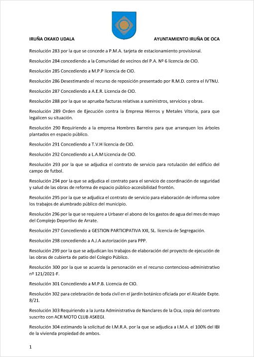 Resoluciones del pleno ordinario del 14 de julio de 2021 del Ayuntamiento de Iruña de Oca