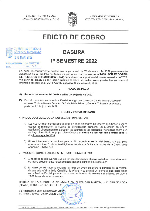 Edicto de cobros de basuras 2022